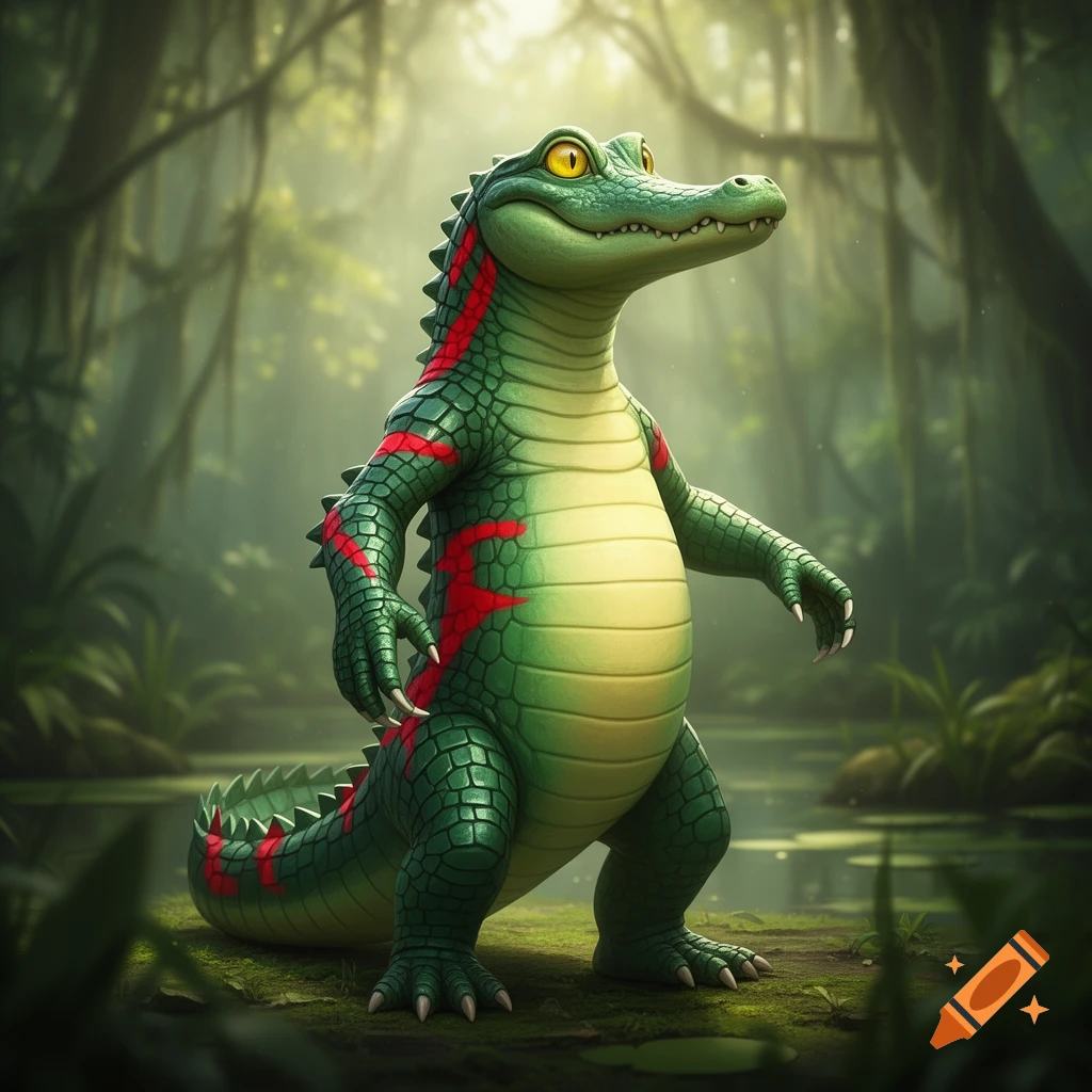 A cartoon alligator with green scales, a light yellow belly, and red markings stands upright in a lush jungle swamp.