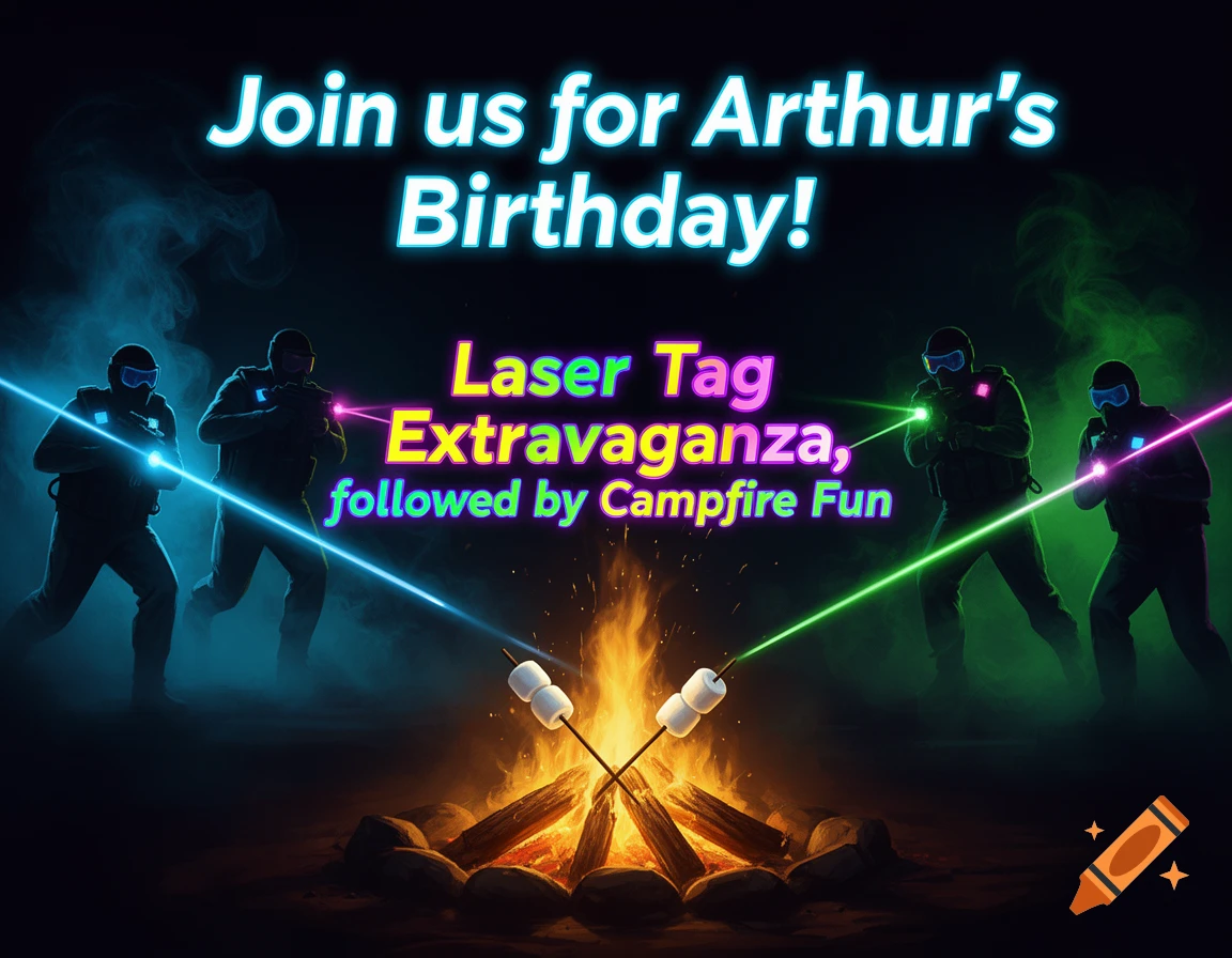 Birthday invitation for Arthur's Laser Tag Extravaganza and Campfire Fun, showing laser tag players and a campfire with marshmallows.