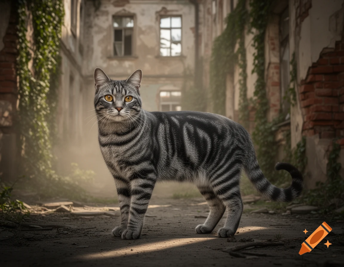 A grey tabby cat with orange eyes stands in a dilapidated alleyway of an old, crumbling city, vines growing on the walls.