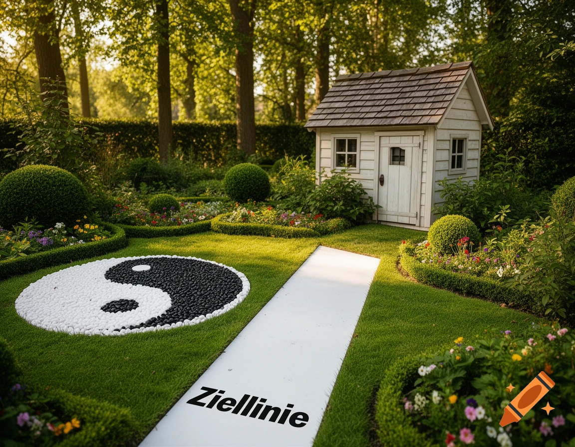 A lush garden with a white path labeled "Ziellinie" leading to a small wooden shed, and a large yin-yang symbol made of pebbles on the grass.