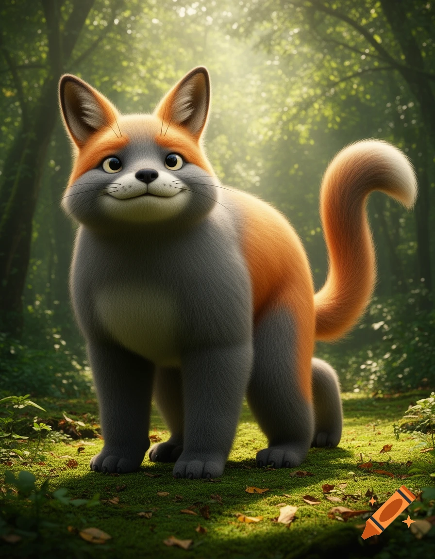 A fluffy, cartoon-style creature with grey and orange fur, resembling a fox and Totoro, stands in a sun-dappled forest.
