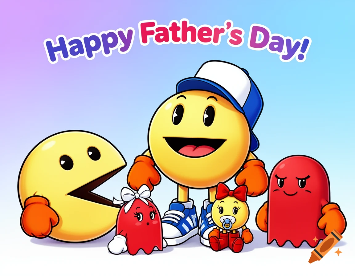Cartoon Pac-Man wearing a cap with a baby Pac-Man and two ghosts. Text reads "Happy Father's Day!"