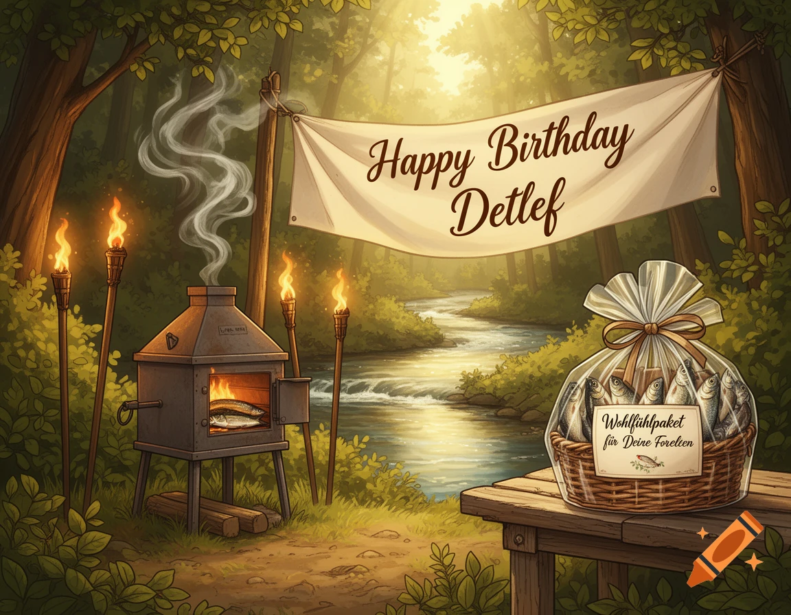 An illustrated birthday scene in a sunlit forest with a river, featuring a smoking fish oven, torches, a "Happy Birthday Detlef" banner, and a basket of fish on a wooden table.