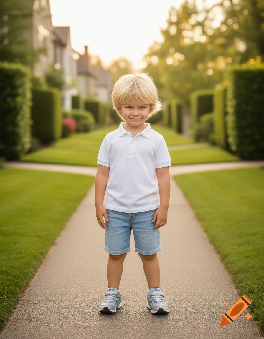 A young blonde boy in a white polo shirt and denim shorts stands on a paved path between grassy areas and houses at sunset.