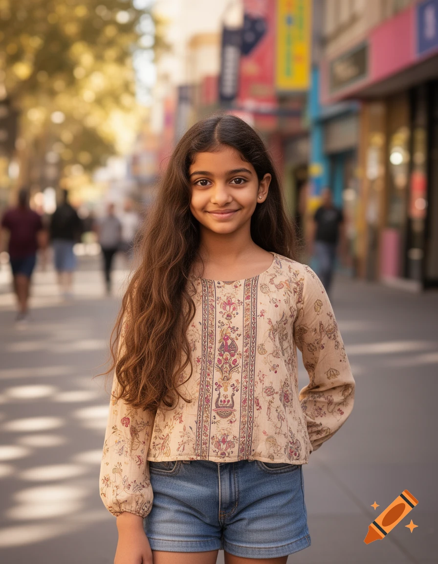A smiling young girl with long dark hair, wearing a patterned top and denim shorts, stands on a sunny city street.