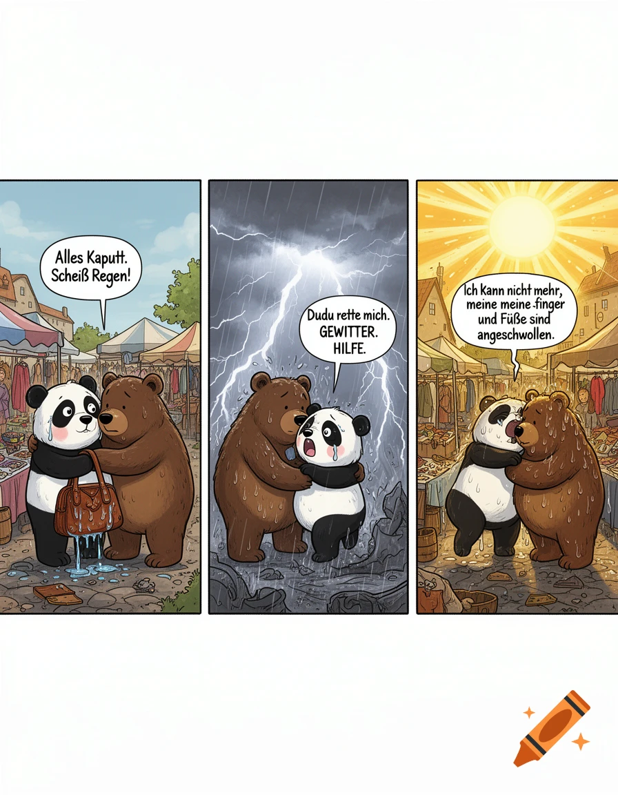 A three-panel comic shows a panda and a brown bear at a market, first in rain, then a thunderstorm, and finally hot sun.