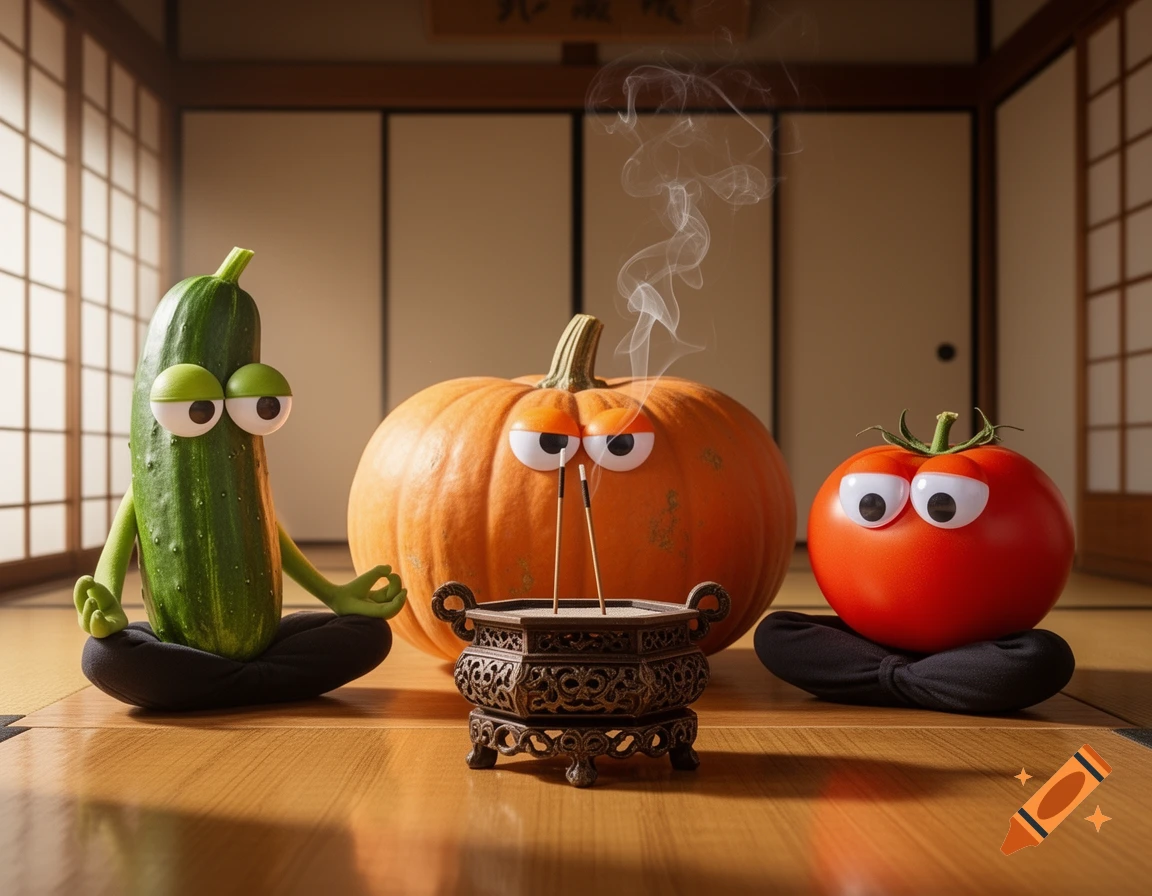 A cucumber, pumpkin, and tomato with googly eyes meditate in a Japanese dojo with burning incense.