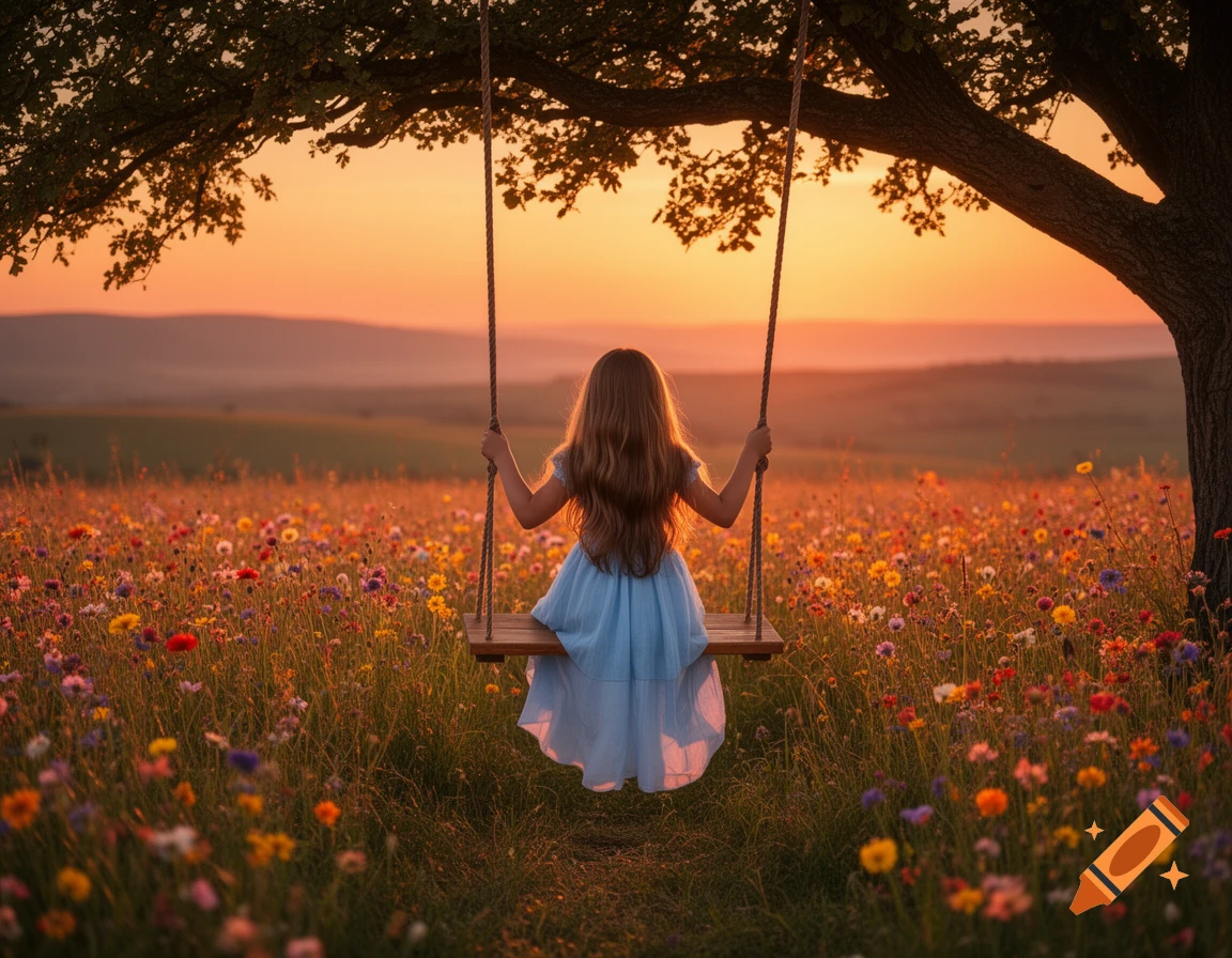 A young girl with long hair in a light blue dress swings under a tree in a vibrant flower field at sunset, viewed from behind.