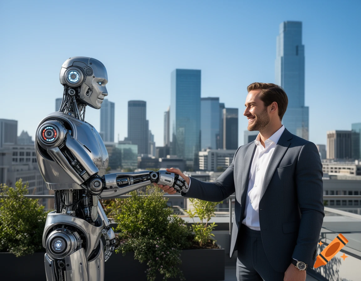 A photorealistic robot and a smiling man in a suit shake hands on a city rooftop with skyscrapers in the background.