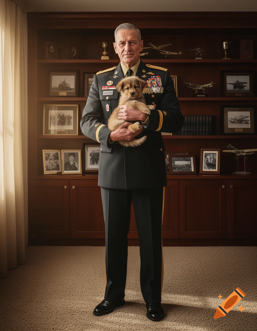 A photorealistic portrait of a general in uniform holding a small, fluffy puppy in a wood-paneled study.