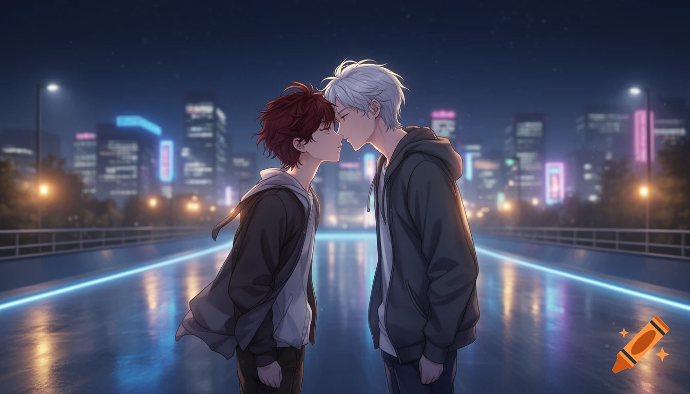 Two male anime characters lean in for a kiss on a wet city bridge at night, with neon lights reflecting from the skyline. Anime style.