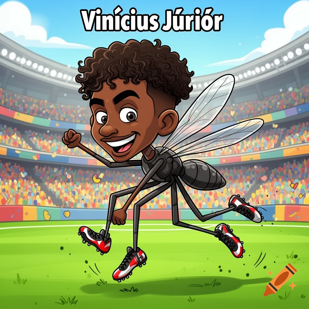 Cartoon of Vinícius Júnior as a mosquito with soccer cleats running on a stadium field.