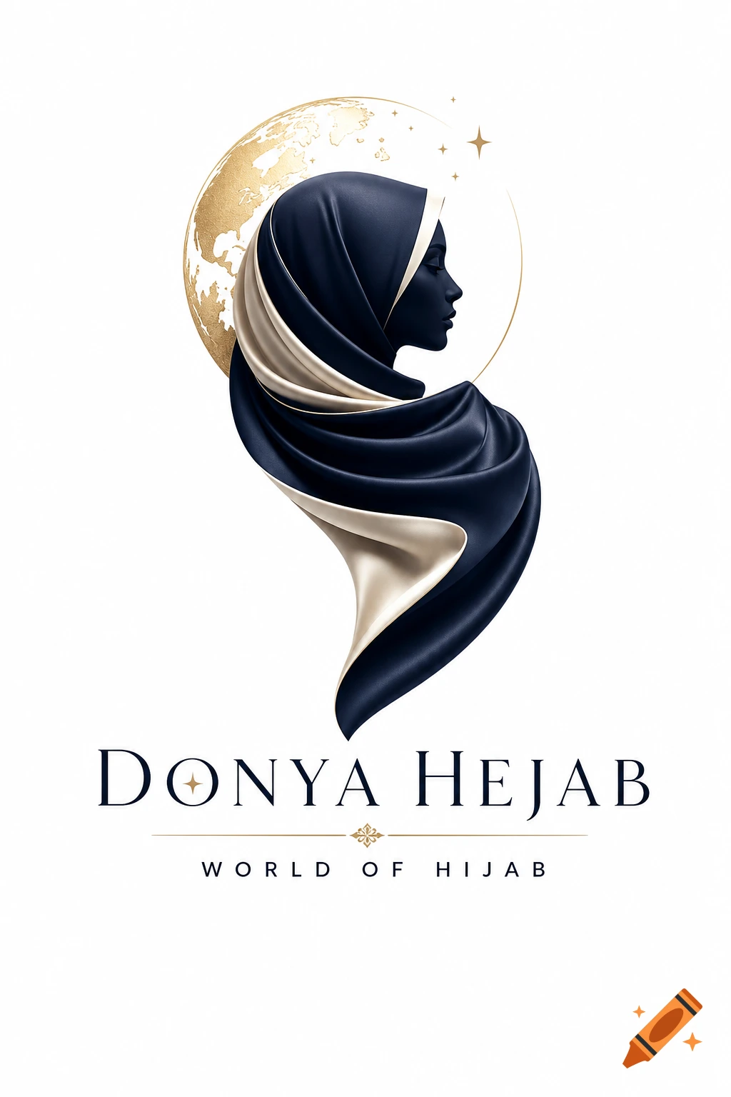 Minimalist logo of a woman in a navy and cream hijab, backed by a golden globe. Text: DONYA HEJAB WORLD OF HIJAB.