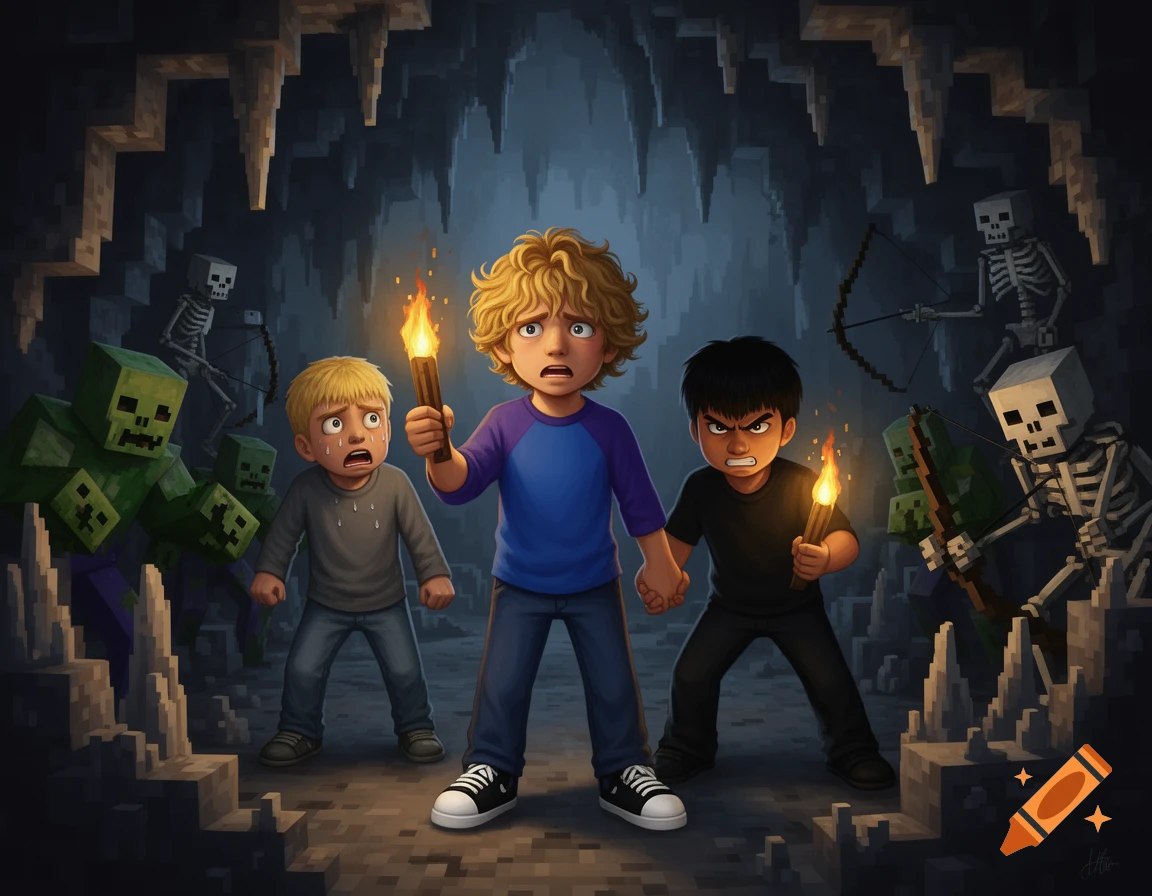 Three boys hold torches in a dark, pixelated cave, surrounded by Minecraft zombies and skeletons, expressing fear and determination.