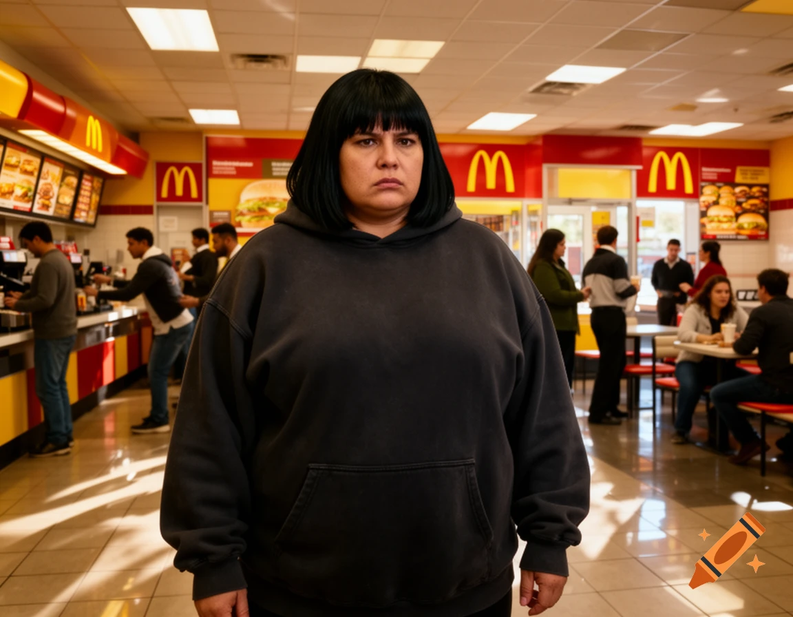 A woman with black hair stands in a McDonald's restaurant, looking sternly at the viewer. Other customers and staff are in the background.