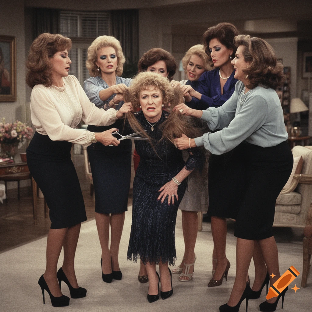 Seven glamorous women in 80s fashion style pull the hair of one distressed woman as another cuts it with scissors, in a dramatic indoor scene.