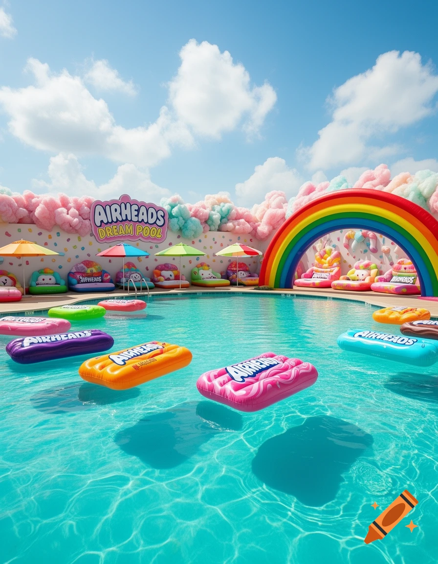 A vibrant, candy-themed swimming pool with a rainbow arch, Airheads branding, and colorful inflatable floats.