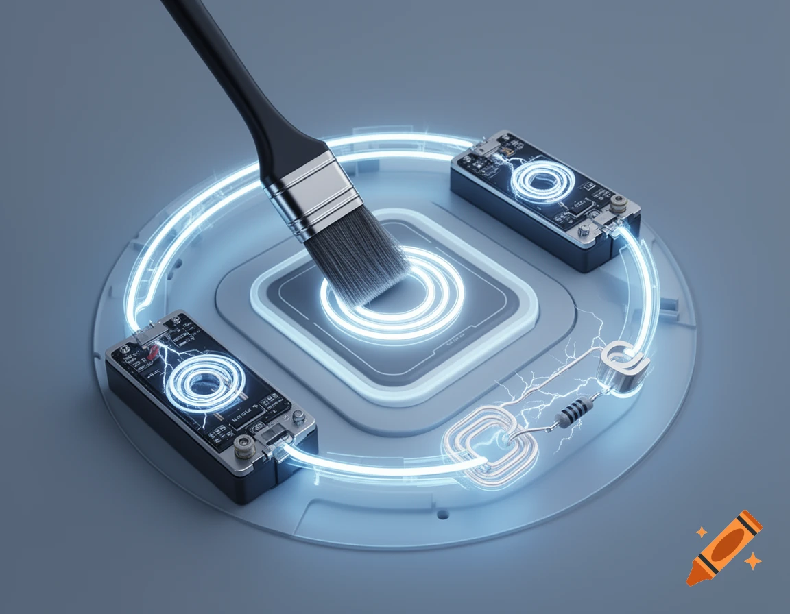 A paintbrush interacts with glowing electronic circuits, coils, and modules on a futuristic grey platform, symbolizing energy.
