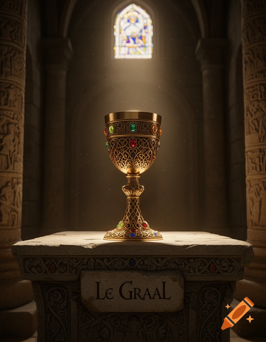 A highly detailed golden chalice adorned with jewels sits on a stone altar in a dimly lit, ancient hall with a stained-glass window.