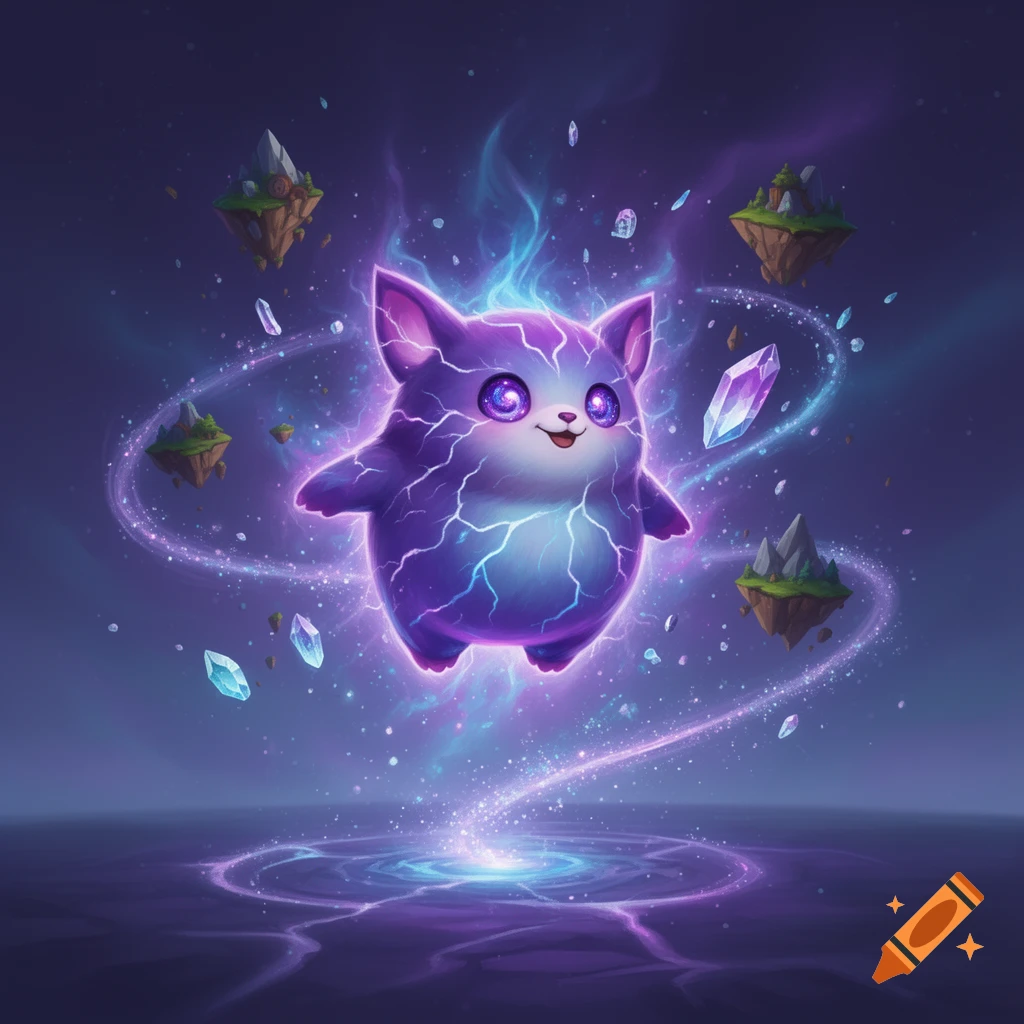 A cute, round, purple magical creature with glowing energy and lightning patterns, floating amidst crystals and floating islands in a dark, ethereal landscape, in a Fortnite-style.