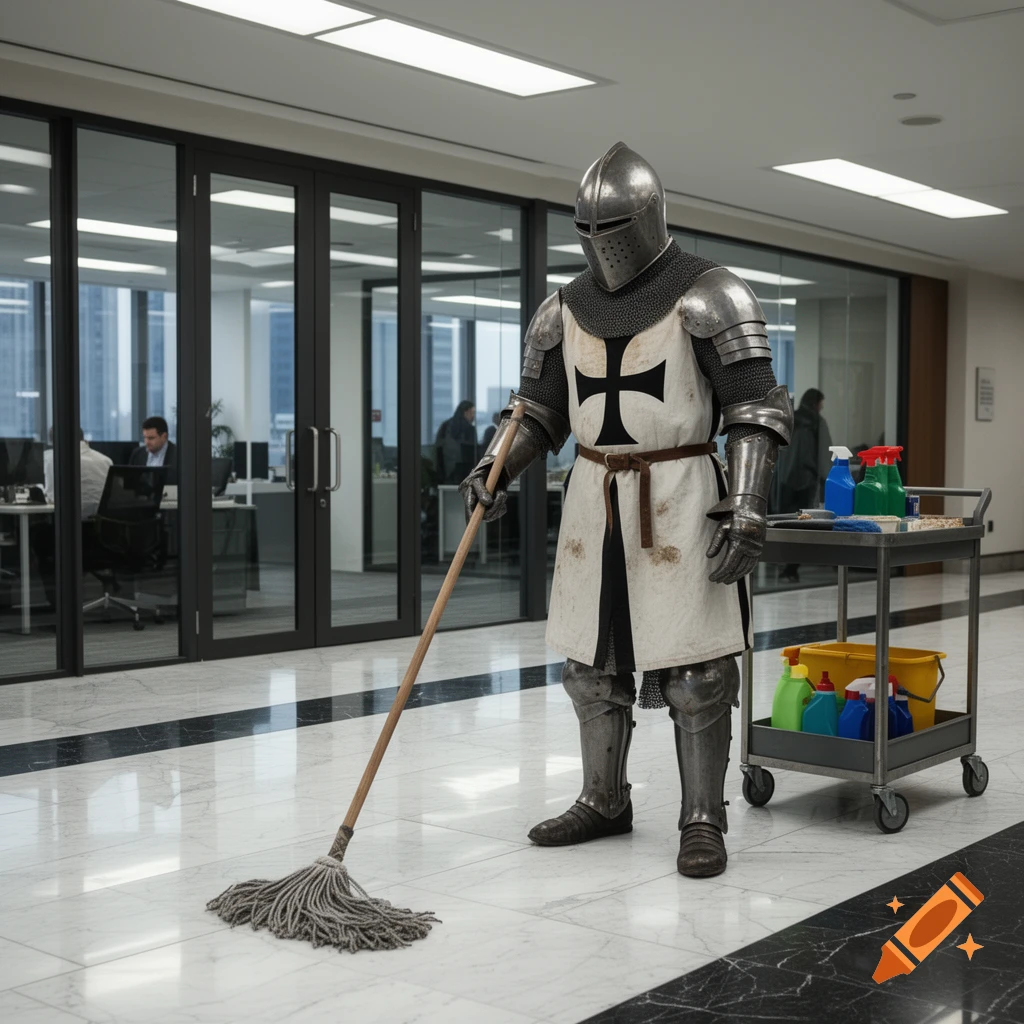 A photorealistic Teutonic Knight in full armor mops a modern office building floor next to a cleaning cart.