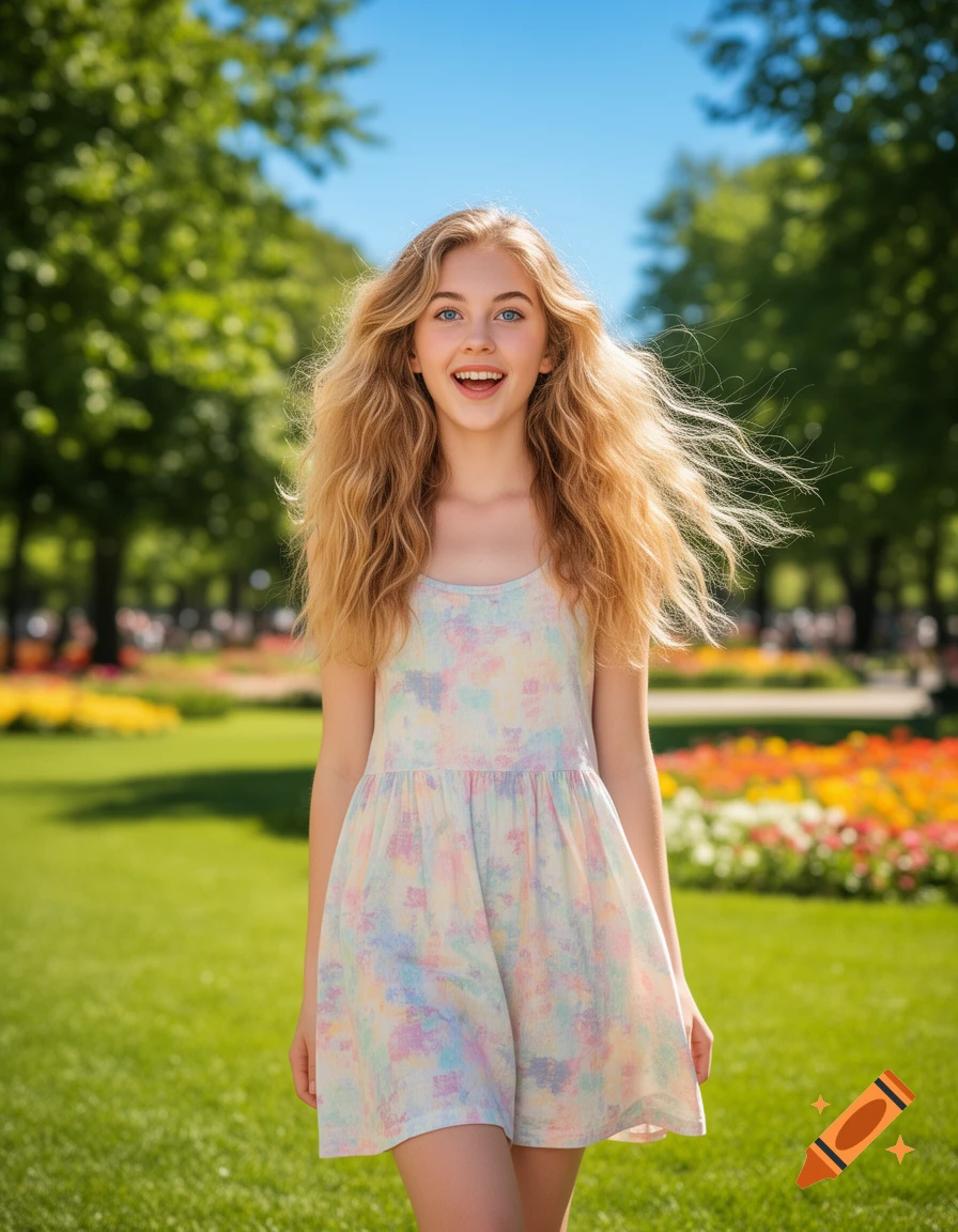 A smiling blonde woman with long wavy hair in a colorful dress stands in a sunny park with green grass and flowers.