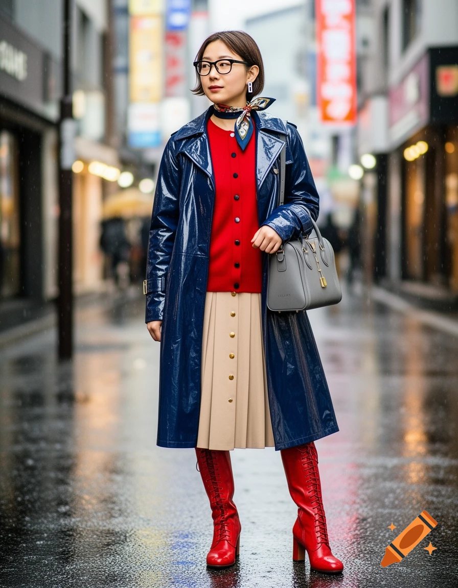 A Japanese woman in a blue PVC trench coat, red cardigan, beige pleated skirt, and red lace-up boots on a wet Tokyo street.