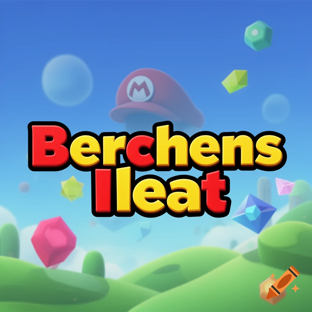 A cartoon logo featuring "Berchens Ileat" text, a red Mario cap, and colorful gems floating over a green hilly landscape.