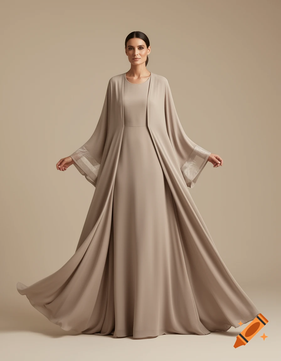 A woman models a flowing, long beige open abaya over a matching dress, inspired by couture elegance.