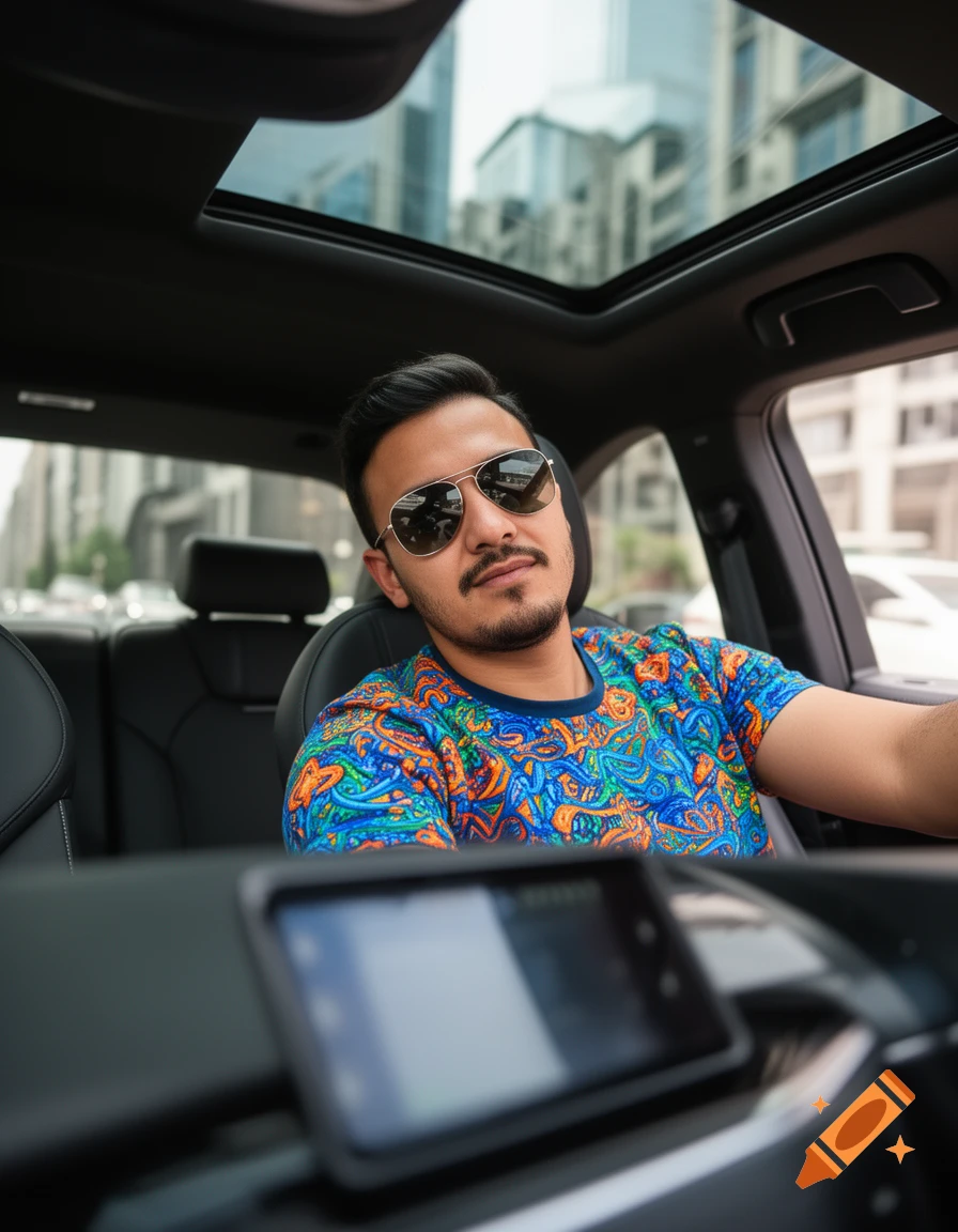 A man in sunglasses and a colorful patterned t-shirt sits in a car, looking forward, with an urban skyline visible through the sunroof.
