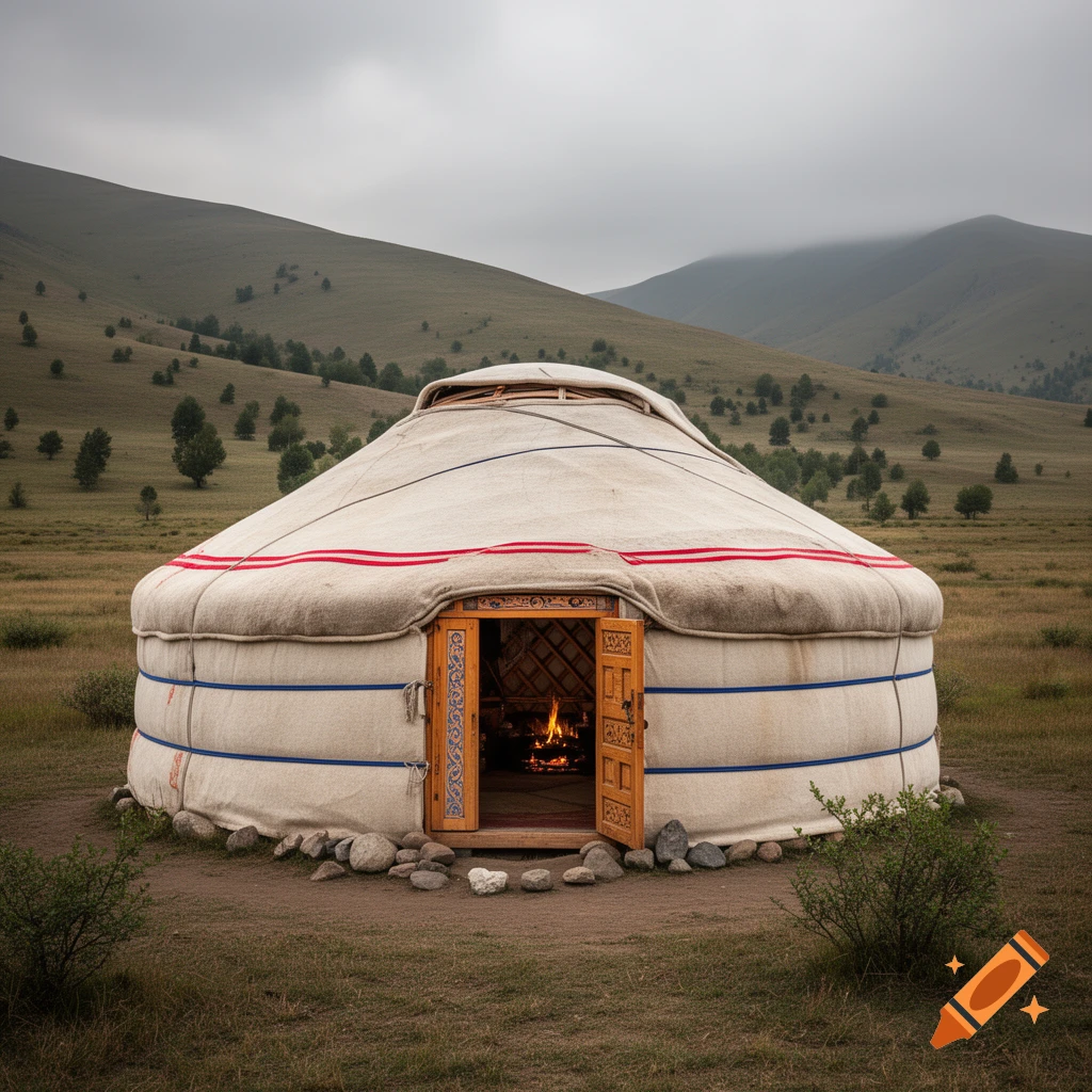 Photorealistic yurt with an open wooden door and a fire inside, in a grassy field with hills under a cloudy sky.