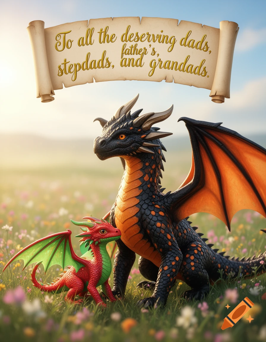 A large black and orange dragon with a small red and green baby dragon stand in a field of wildflowers. A scroll says "To all the deserving dads, father's, stepdads, and grandads."