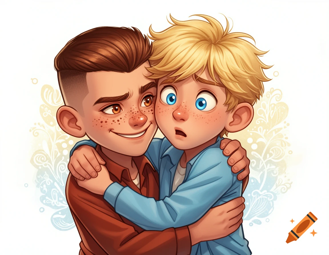 Cartoon illustration of two boys embracing, one with brown hair smirking, the other with blonde hair looking surprised.