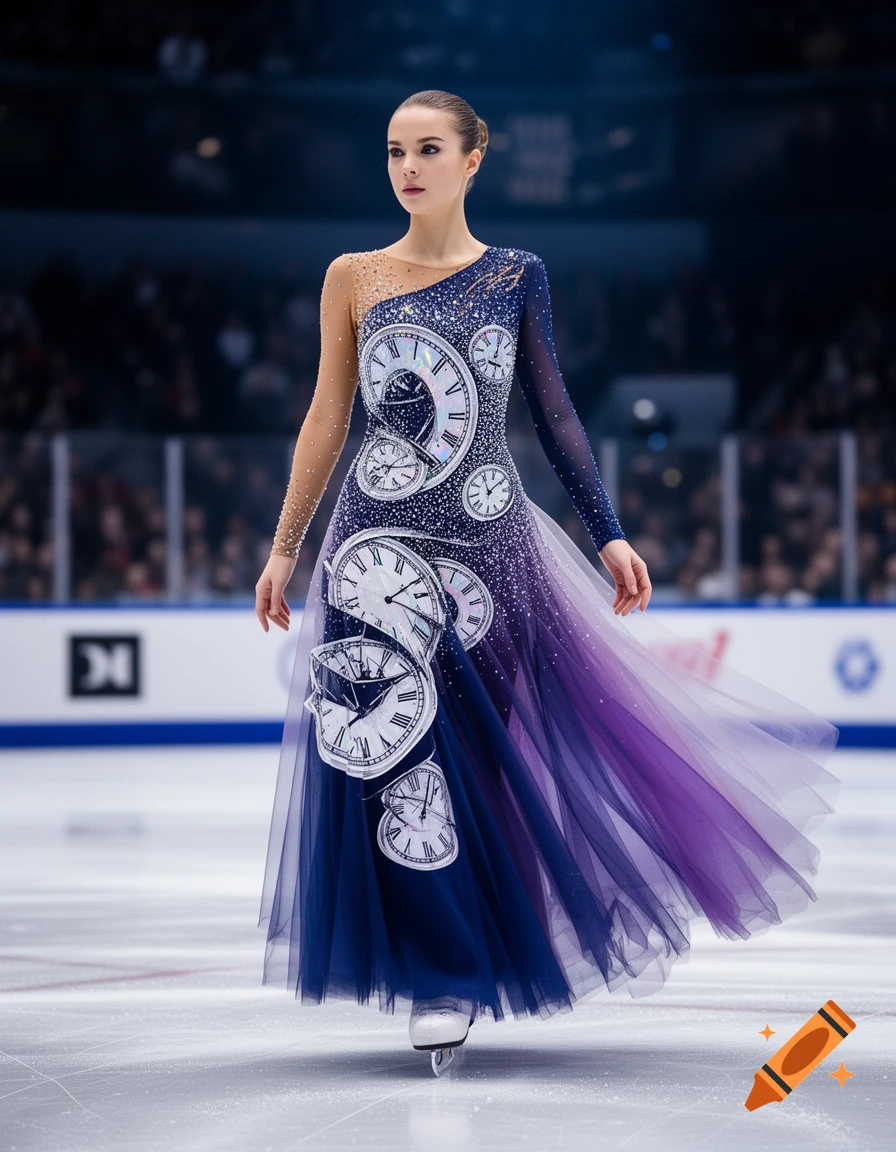 A female figure skater in a shimmering blue and purple ombré dress adorned with distorted clock faces and crystals stands on an ice rink.