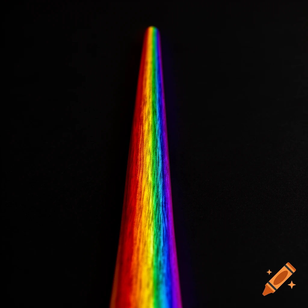 A slender, vertical object with a vibrant rainbow gradient against a solid black background.