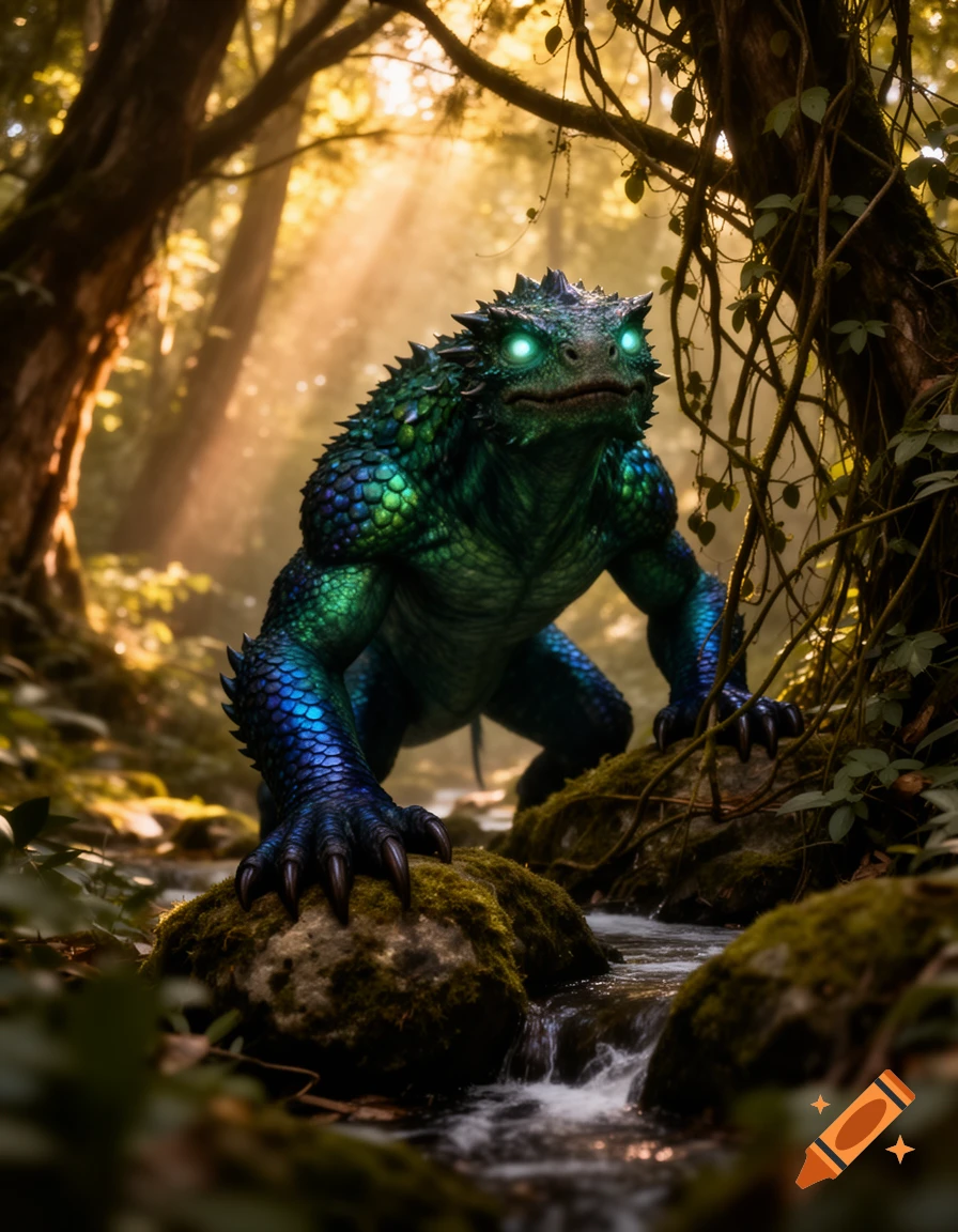 A vibrant green and blue scaled fantasy lizard monster with glowing eyes crouches in a shallow stream within a lush, sun-dappled forest.