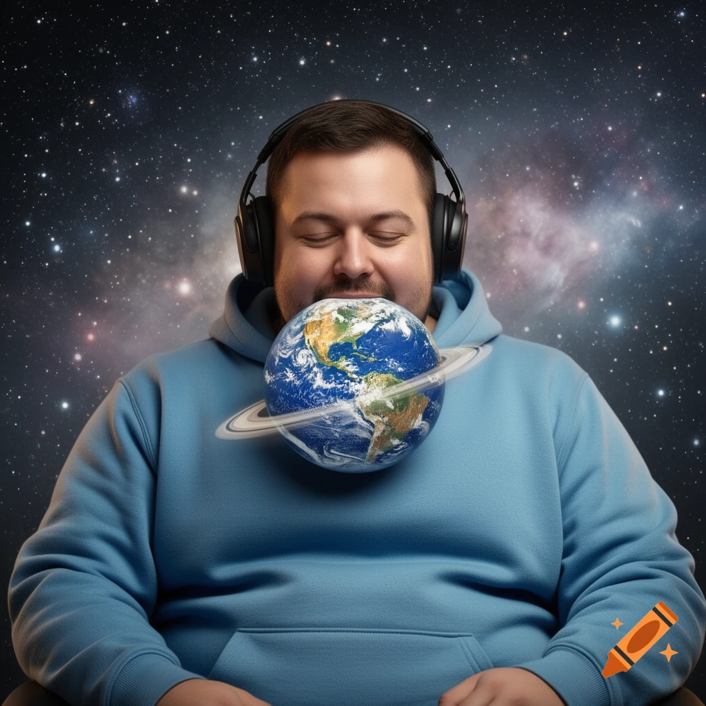 A man in a blue hoodie and headphones holds a small Earth with rings near his face against a backdrop of stars and nebulae.