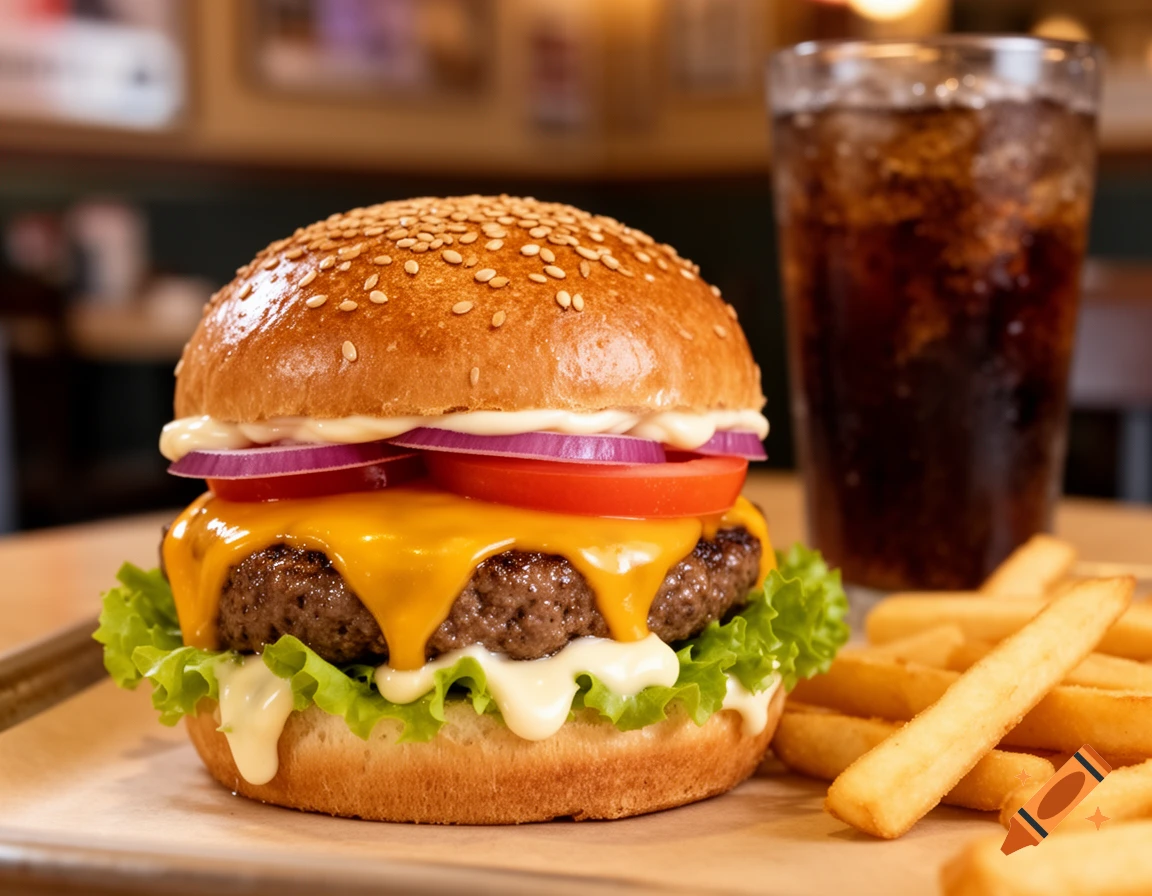 A cheeseburger with lettuce, tomato, onion, and melted cheese, served with french fries and a soda.