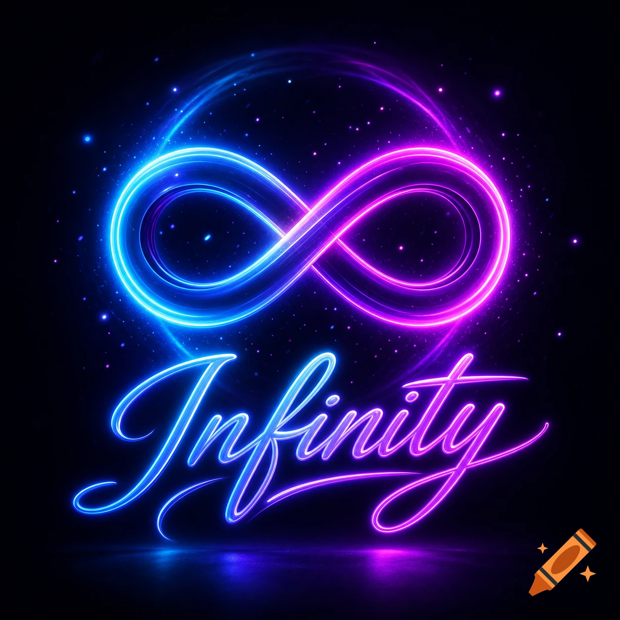 A glowing neon infinity symbol with the word 'Infinity' in cursive neon text, against a dark, star-speckled background.