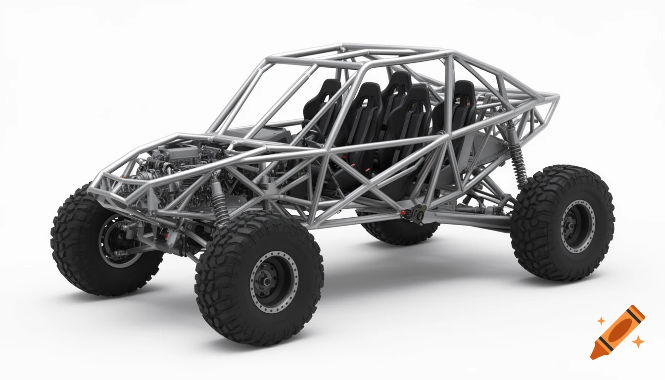 A detailed cad-style 3D render of a custom tubular off-road desert racer chassis with six seats and large tires.