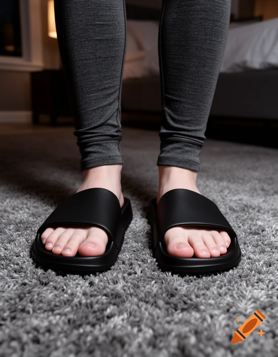 Close-up of feet in black slide sandals on a grey shag carpet, dark pajama pants visible above, blurred bedroom background.