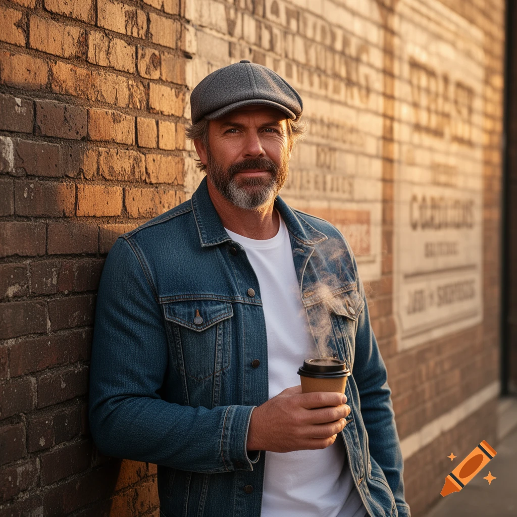 A man in a denim jacket and flat cap leans against a brick wall, holding a steaming coffee cup.