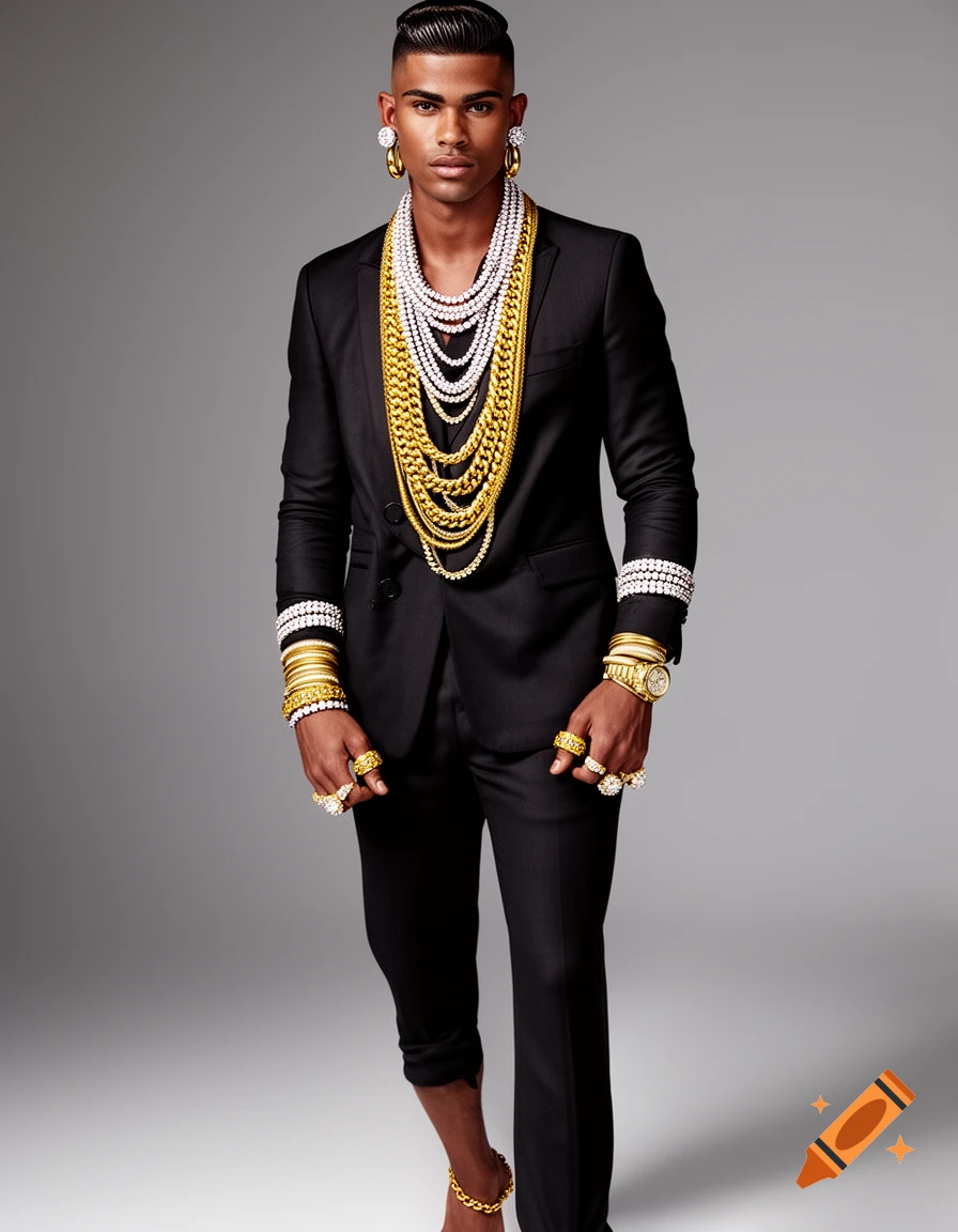 Confident man in black suit, covered in gold and diamond necklaces, rings, and bracelets, in a studio.