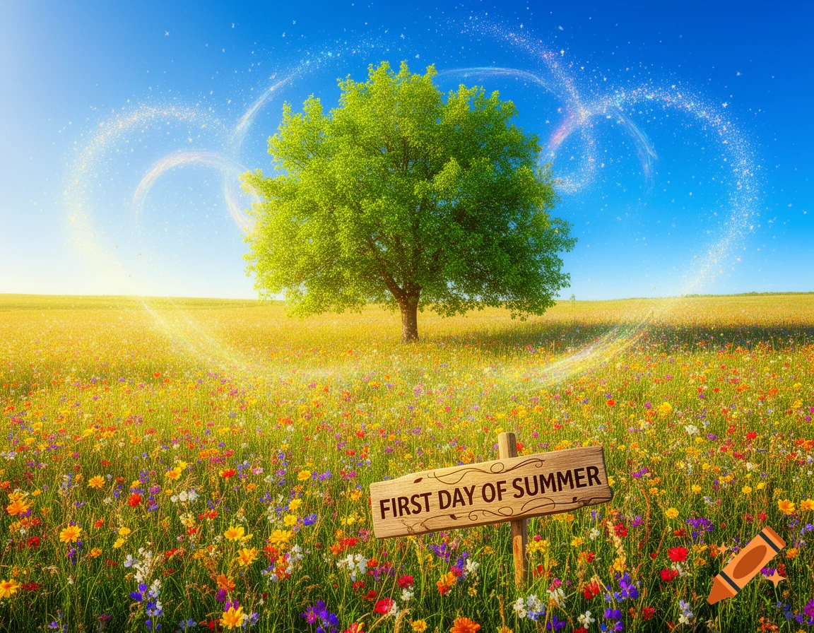Vibrant, surreal summer landscape with a lush tree in a field of colorful wildflowers, sparkling light trails in the sky, and a sign reading 'FIRST DAY OF SUMMER'.