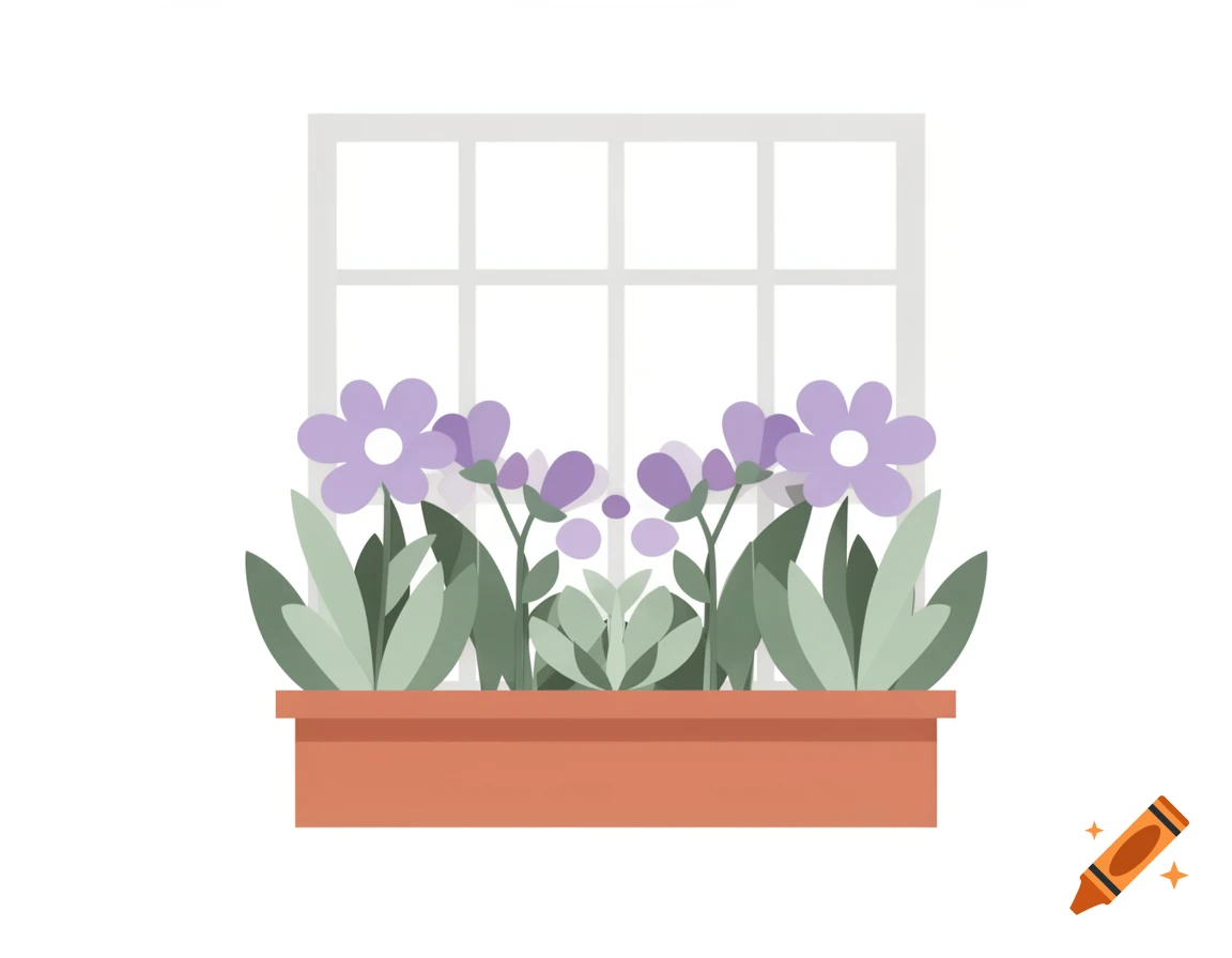 A flat illustration of a white window frame with a terracotta flower box holding purple flowers and green leaves.