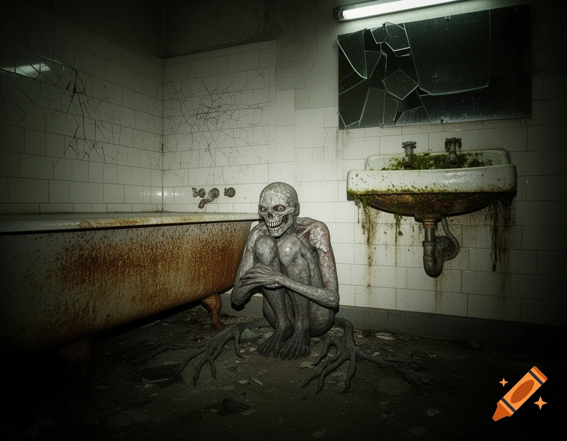A horrifying, pale cryptid with glowing eyes and needle teeth crouches in a dark, decaying bathroom with a rusty tub and broken mirror.