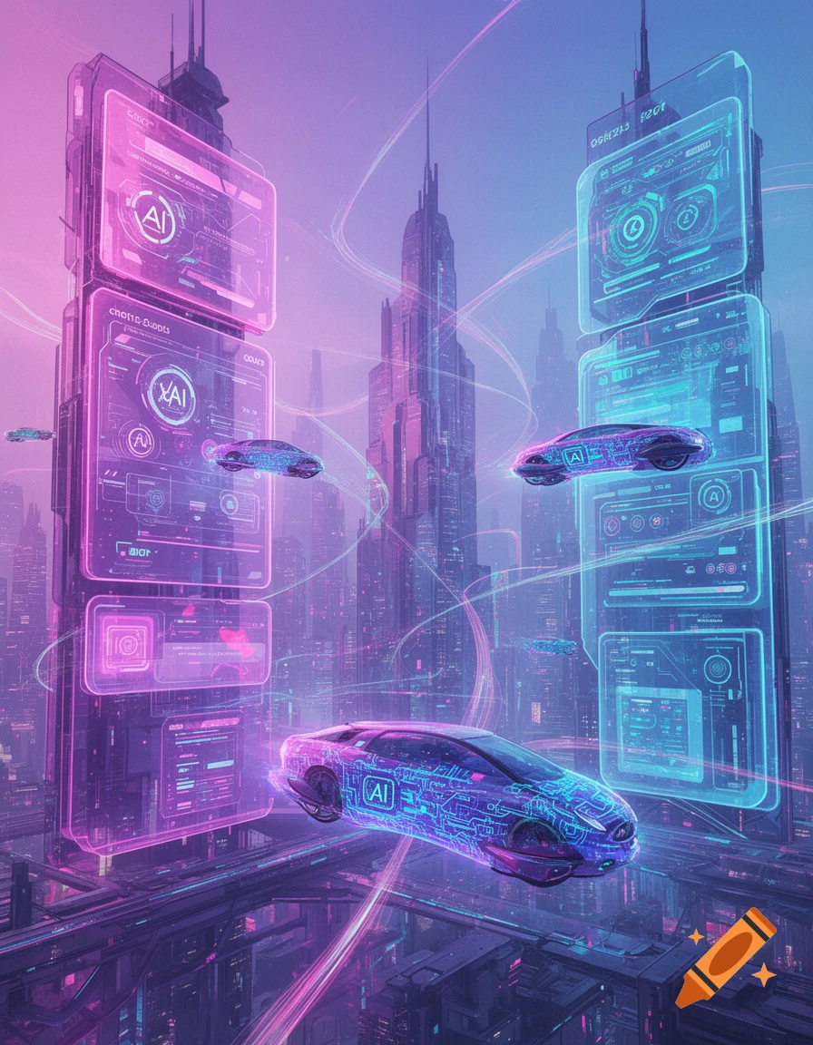 A vibrant, neon-lit futuristic city with towering skyscrapers and flying cars. Glowing purple and cyan data streams weave through the sky, and large holographic screens display abstract circuit patterns and the letters AI on buildings.