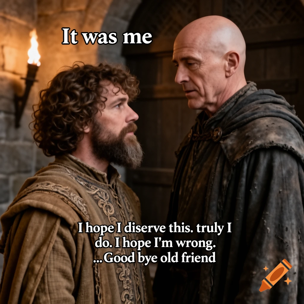 Two men in medieval attire face each other, with overlay text "It was me" and "I hope I diserve this. truly I do. I hope I`m wrong. ... Good bye old friend"