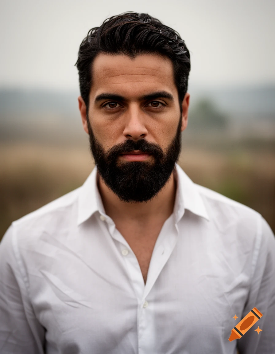 Close-up portrait of a man with dark hair and a beard, wearing a white shirt, looking directly at the viewer.