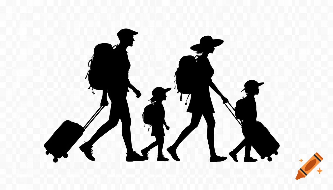 Stylized black silhouettes of a family walking and pulling luggage against a transparent background.